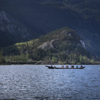 Ray Natraoro taking the SLCC Ambassadors and Canoe Family paddling the Xaays Canoe in Squamish April 2022.