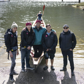 Xaays Canoe Journey in Squamish, April 2022: From left Qawam Redmond Andrews, Jay Natrell, Ray Natraoro, Brandon Hall, Victor Khatsalano, and in behind Chen'áxwtn Swo-wo Gabriel.
