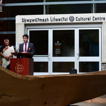 MP Patrick Weiler announcing the funding to support the Community Reconciliation Canoe carving project at the Press Conference announcement of funding from Pacific Economic Development Canada.