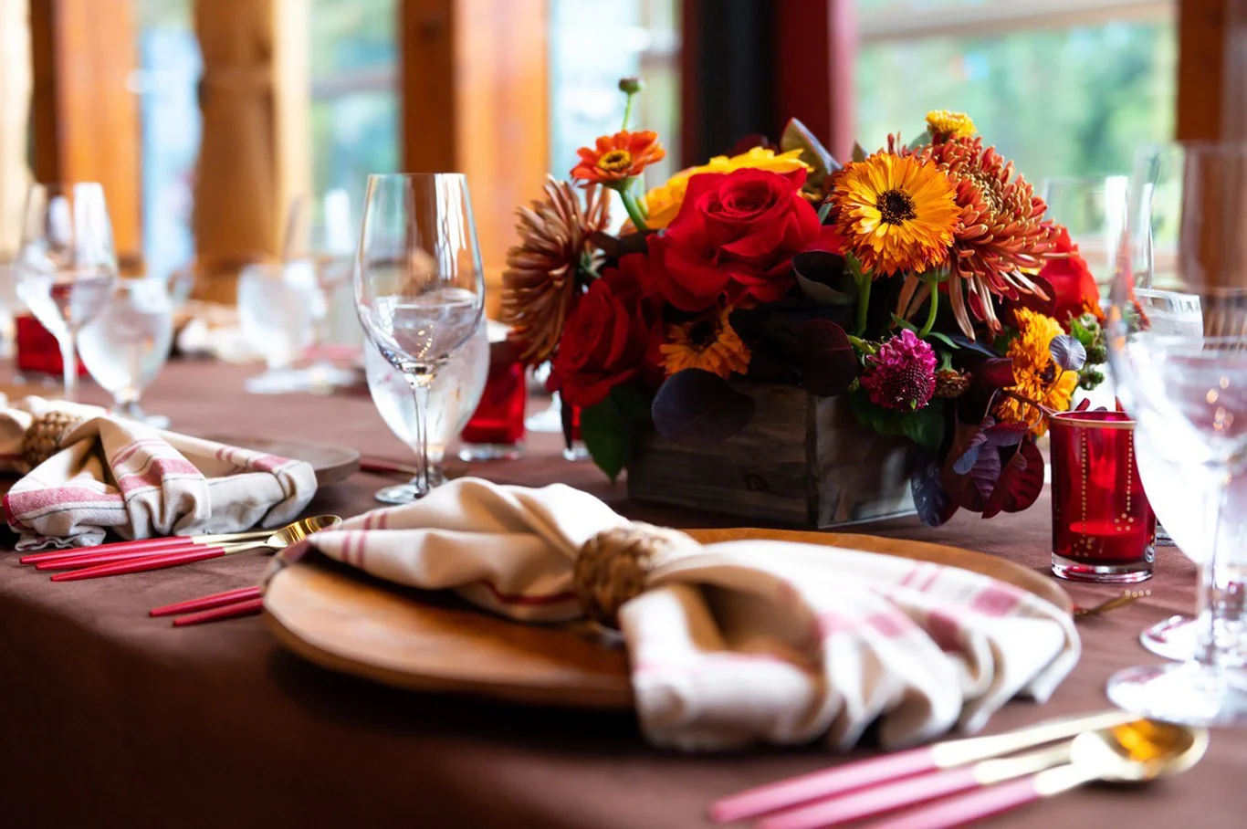 Elegant table setting with floral centerpiece at SLCC