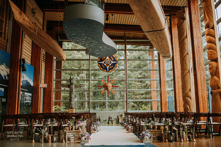 Wedding ceremony setup inside the Great Hall at Squamish Lil’wat Cultural Centre in Whistler